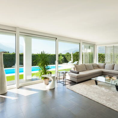Sliding Patio Door with interior view out to pool